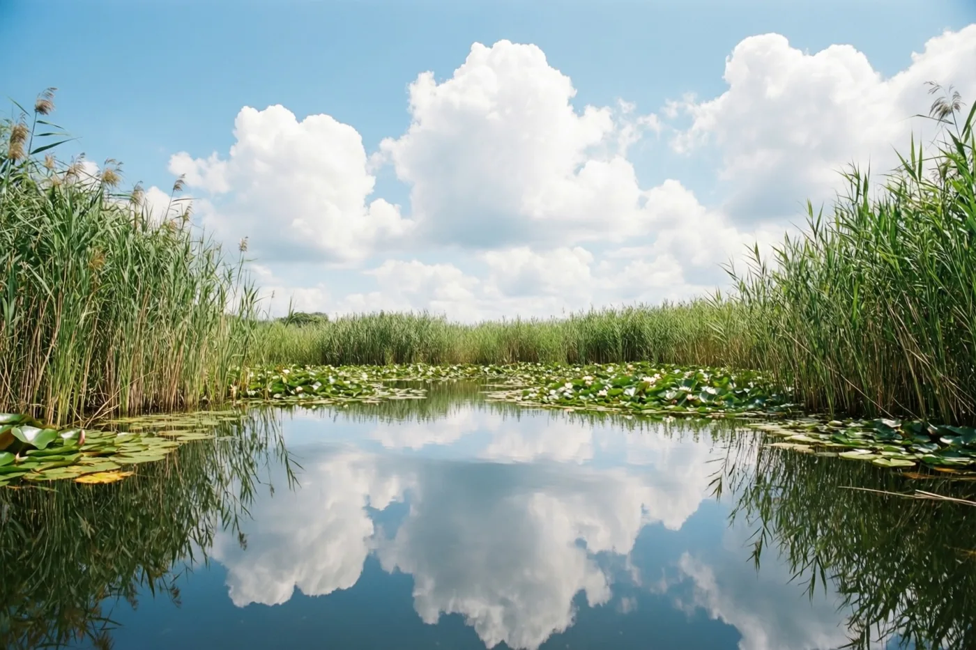 Een kalme vijver tussen hoog groen riet en waterlelies weerspiegelt een helderblauwe hemel met grote witte wolken.