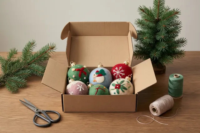 Een open kartonnen doos met kleurrijke handgemaakte vilten kerstversiering staat op een houten tafel tussen scharen en garenklosjes, met een klein dennenboompje ernaast.