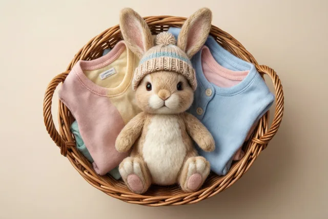 Een vilten konijntje met een gebreide muts zit in een rieten mand met opgevouwen babykleertjes in pasteltinten, tegen een beige achtergrond.