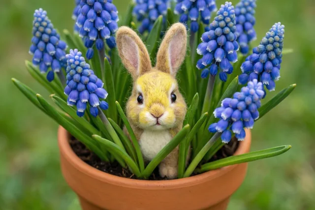 Een klein handgemaakt vilten konijntje piept tussen blauwe druifjes uit een terracotta pot, met een zachtgroene buitenachtergrond.