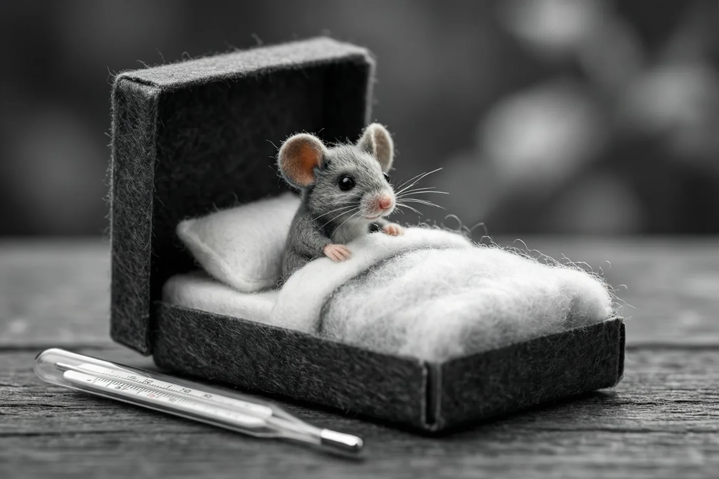 Een vilten muisje zit rechtop in een luciferdoosbedje met witte watten, met een glazen thermometer ernaast op een houten oppervlak, in monochrome tinten.