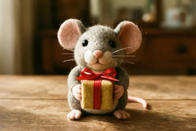 Een vilten speelgoedmuisje zit op een houten tafel met een klein geel cadeautje met een rode strik, tegen een wazige achtergrond in warm licht.