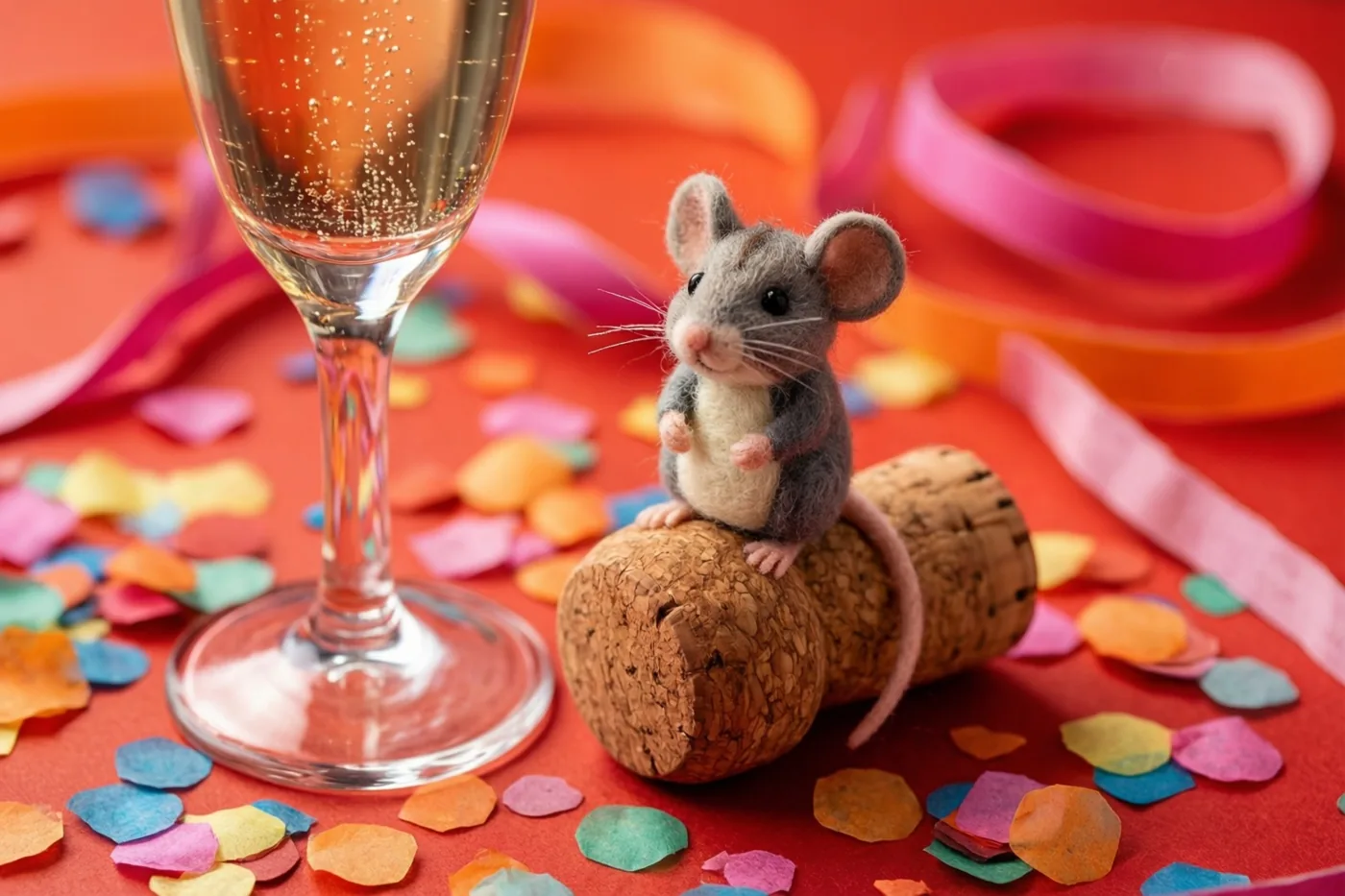 Een klein vilten muisje zit op een champagnekurk naast een glas mousserende wijn, met kleurrijke confetti op een rode ondergrond in warm licht.