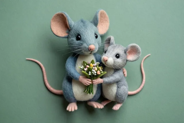 Een grote moedermuis en een kleine babymuis van vilt zitten samen met een kleurrijk boeketje tegen een effen groene achtergrond.