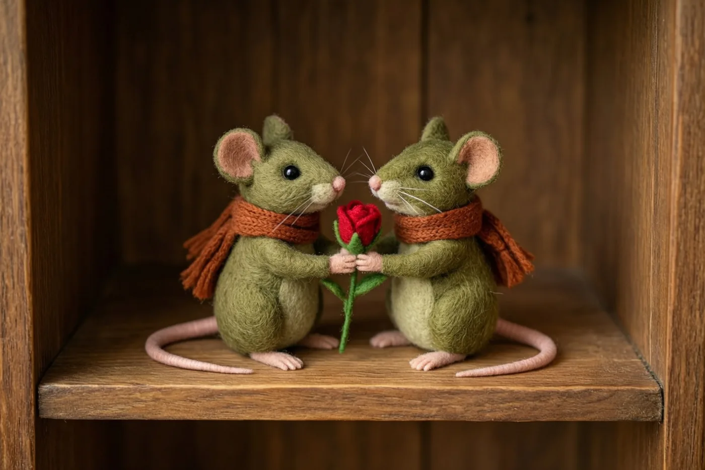 Twee vilten muizen met oranje sjaals zitten op een houten plank en houden samen een rode rozenknop vast tegen een donkere houten achtergrond.