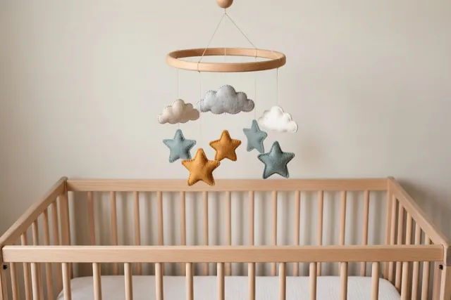 Een houten mobiel met vilten sterren en wolken hangt boven een leeg houten babybedje in een zacht verlichte babykamer met neutrale tinten.