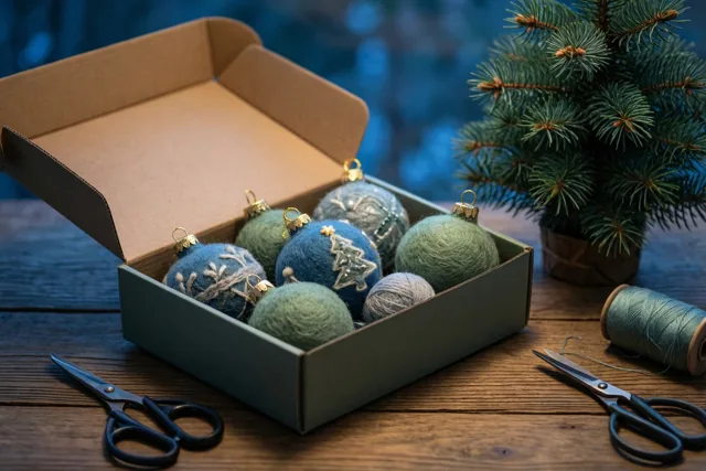 Een open kartonnen doos met handgemaakte vilten kerstversiering staat op een houten tafel met een schaar en garenklos naast een klein dennenboompje in een pot, in koele blauwe tinten.