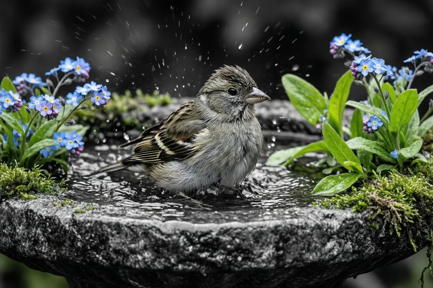 Een vink spettert in een bemost stenen vogelbad tussen blauwe vergeet-mij-nietjes en bladeren, waarbij de vogel en bloemen in kleur afsteken tegen een zwart-witte achtergrond.