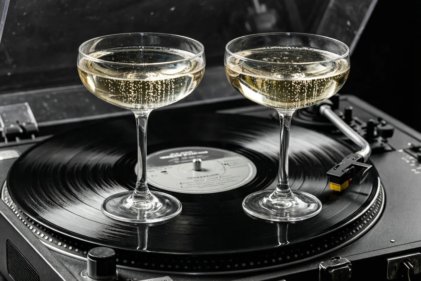 Twee brede champagneglazen met een bruisende drank staan op een draaiende vinylplaat van een retroplatenspeler tegen een donkere achtergrond.