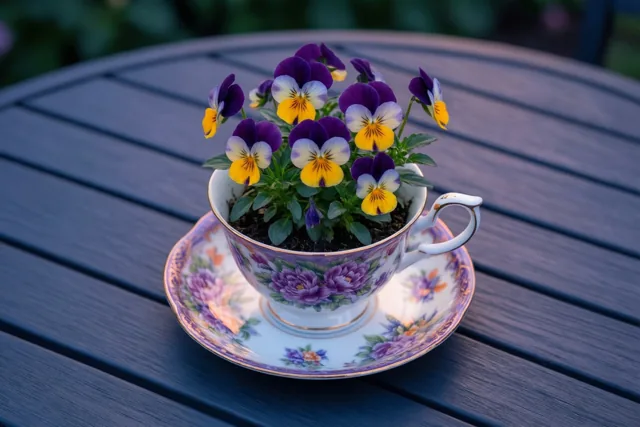Een porseleinen theekop met paarse en gele viooltjes staat op een bijpassend schoteltje op een donkere houten tuintafel in zacht, koel licht.