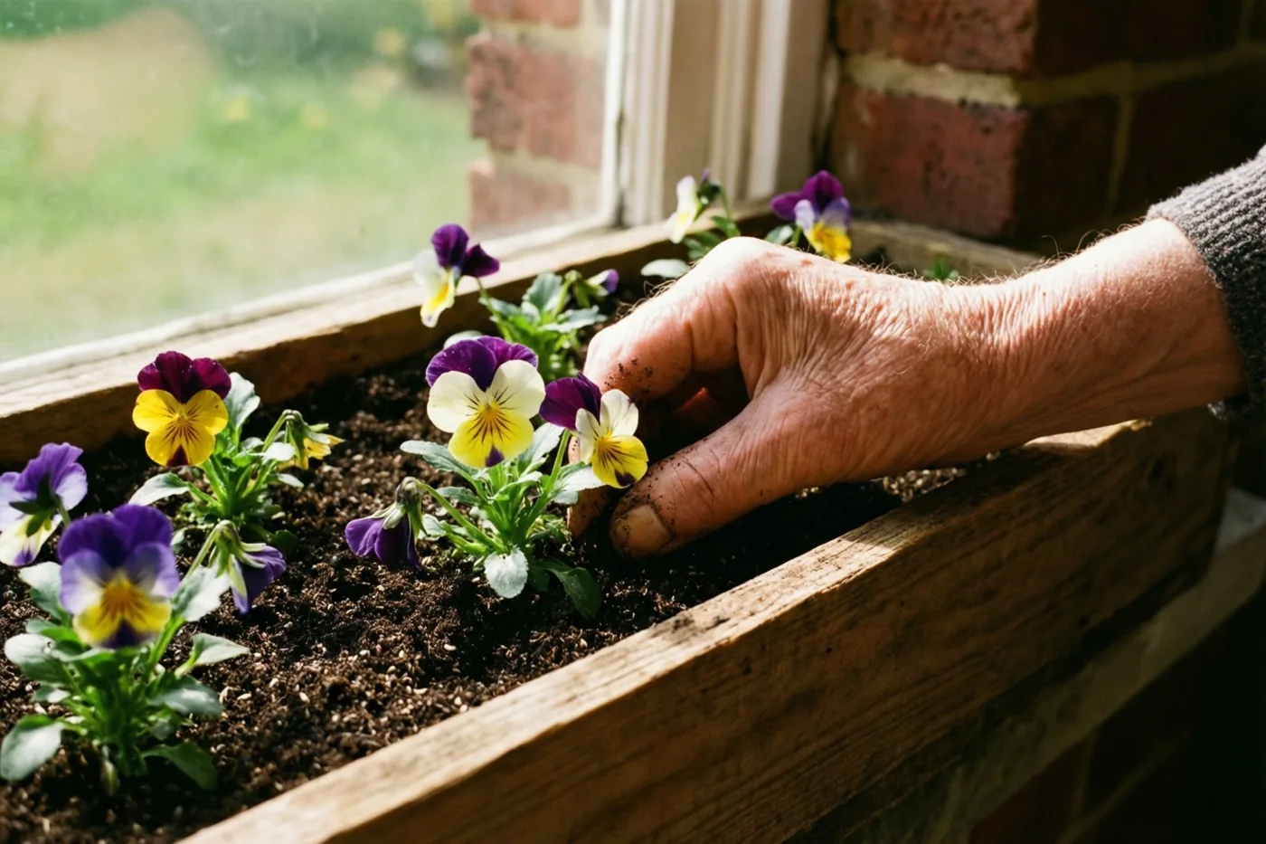 Een oudere hand drukt jonge viooltjes in de aarde van een houten bloembak op een bakstenen vensterbank, tussen paarse, gele en witte bloemen in het zonlicht.