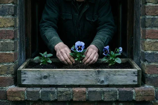 De handen van een oudere persoon planten jonge viooltjes in een houten bloembak op een bakstenen vensterbank, voor een bakstenen muur en een donker raamkozijn.