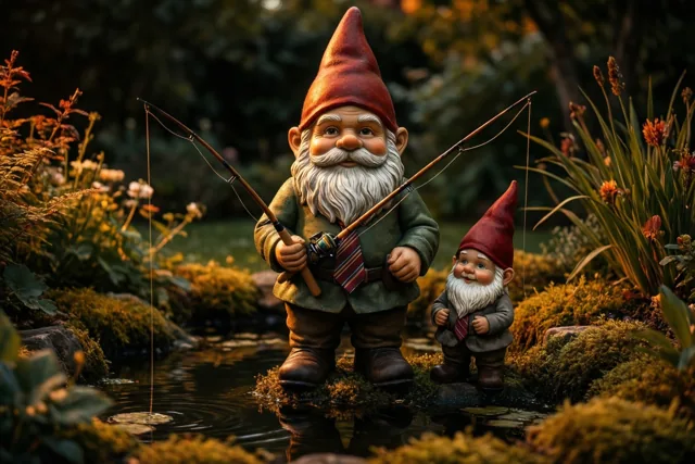 Een grote en een kleine tuinkabouter met dassen en rode puntmutsen vissen met hengels in een mossige tuinvijver in goudkleurig licht.