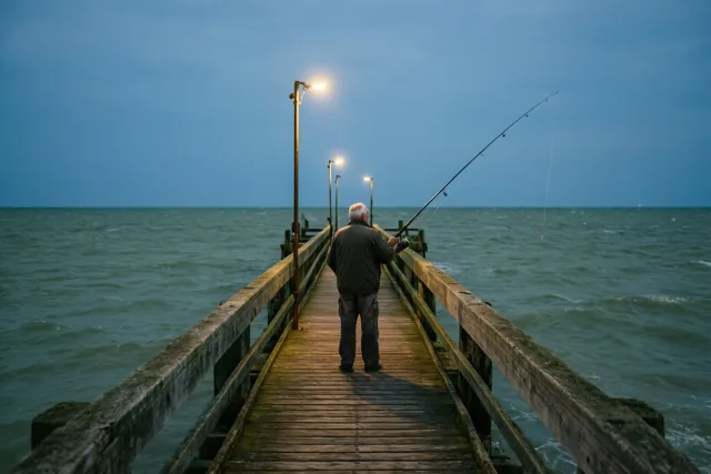 Een oudere man met wit haar werpt zijn hengel uit vanaf een verweerde houten pier met warm brandende lantaarns, bij een grijsgroene zee onder een schemerige hemel.