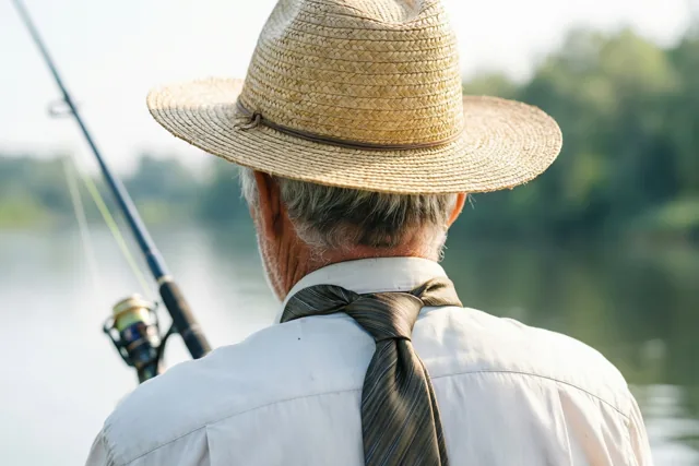 Een oudere man met een strohoed, een wit hemd en een gestreepte das staat met zijn rug naar de kijker en een hengel in de hand bij het water, met groen op de achtergrond.