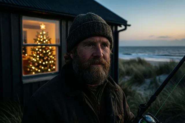Een visser met een baard en een gebreide muts houdt een hengel vast bij een donker houten huisje in de duinen, met een verlichte kerstboom achter het raam en de zee in de schemering.