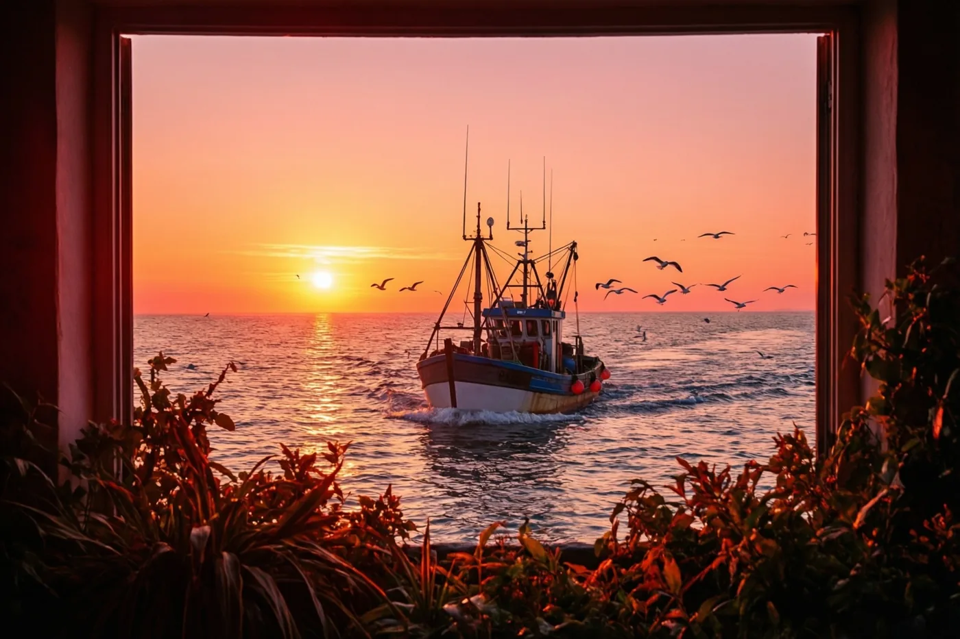 Door een raam met planten op de voorgrond is een kleine vissersboot op zee te zien, omringd door meeuwen onder een oranjeroze hemel met de zon laag aan de horizon.