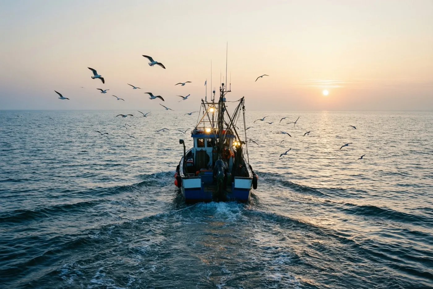 Een kleine vissersboot vaart van de kijker weg over zee bij het aanbreken van de dag, met meeuwen eromheen en een lage zon in zachte oranje en blauwe tinten.