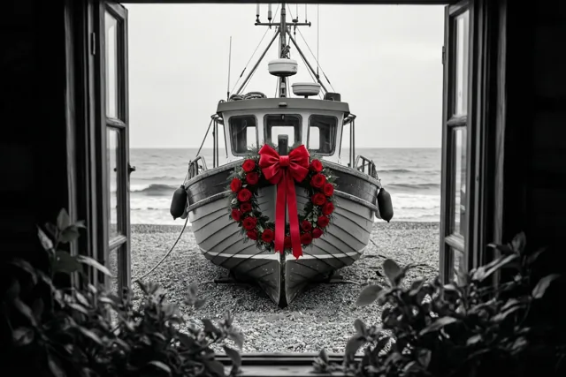 Door een open raam is een vissersbootje met een rode rozenkrans aan de boeg te zien op een kiezelstrand, in een verder zwart-wit beeld.