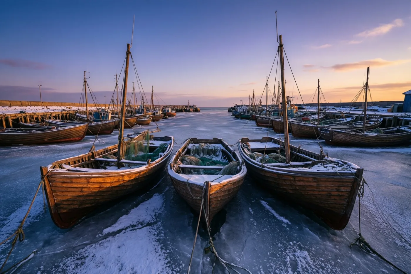Kleine houten vissersboten met besneeuwde dekken en netten liggen voor anker in een bevroren haven onder een blauw-oranje schemerhemel.