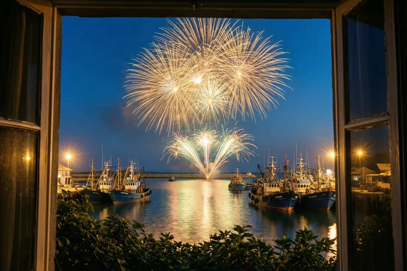 Door een raam is vuurwerk boven een nachtelijke haven met aangemeerde vissersboten op rustig water te zien, verlicht door warme gele lichten.