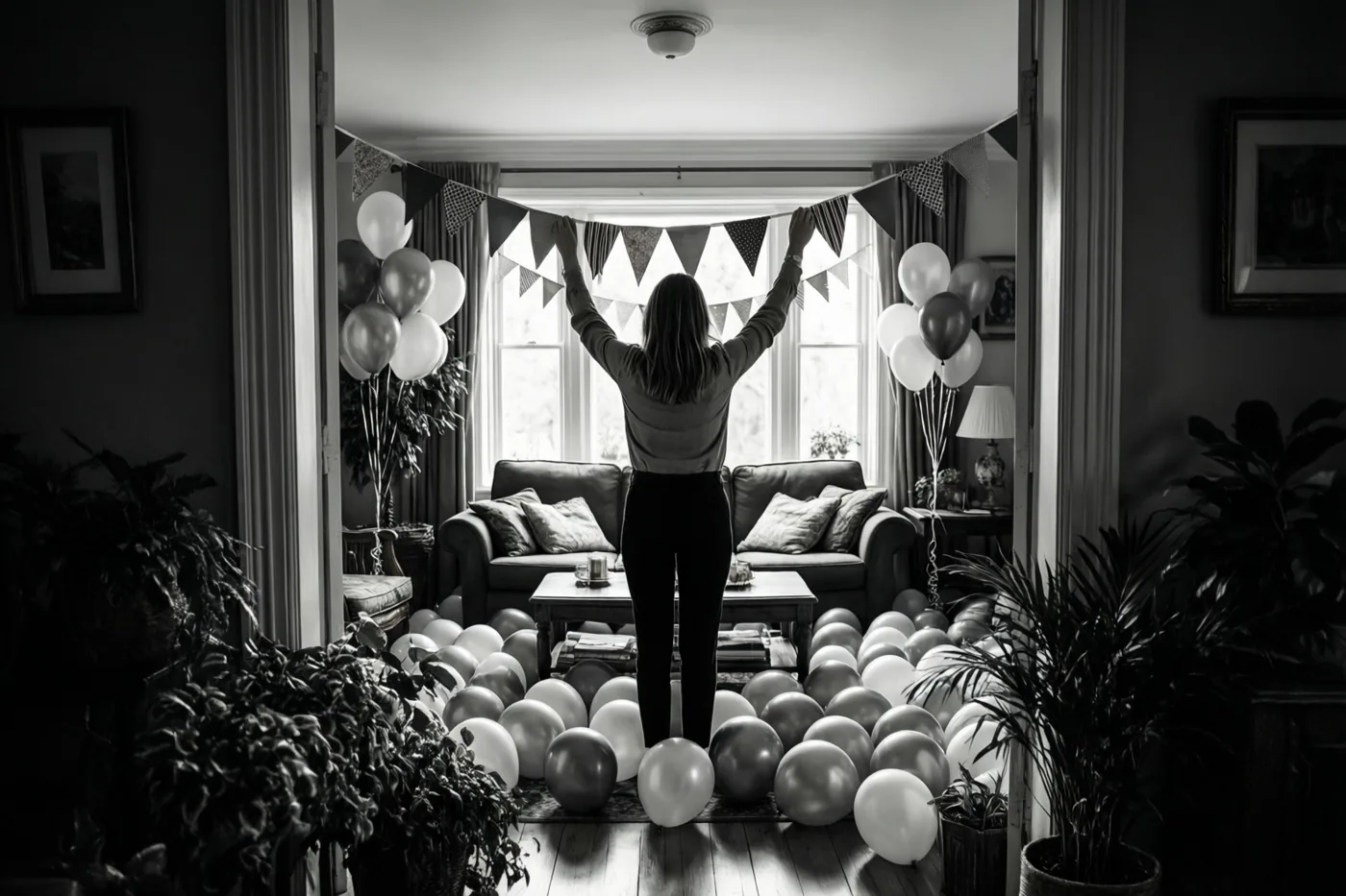 Op een contrastrijke zwart-witfoto hangt iemand, van achteren gezien, een slinger met driehoekige vlaggetjes op in een woonkamer vol ballonnen op de vloer.