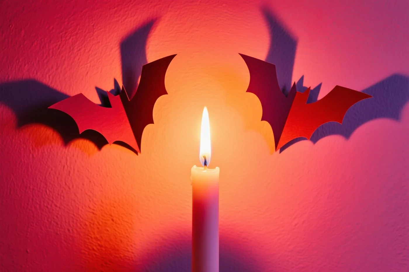 Een brandende kaars werpt lange schaduwen van papieren vleermuizen op een muur met structuur in warm rood en oranje licht.