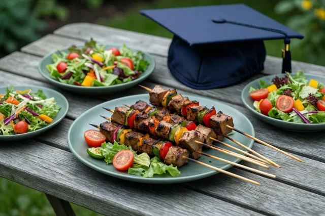 Een houten buitentafel is gedekt met borden gegrilde vleesspiesjes en kleurrijke salades, met een afstudeerhoedje tussen de gerechten.