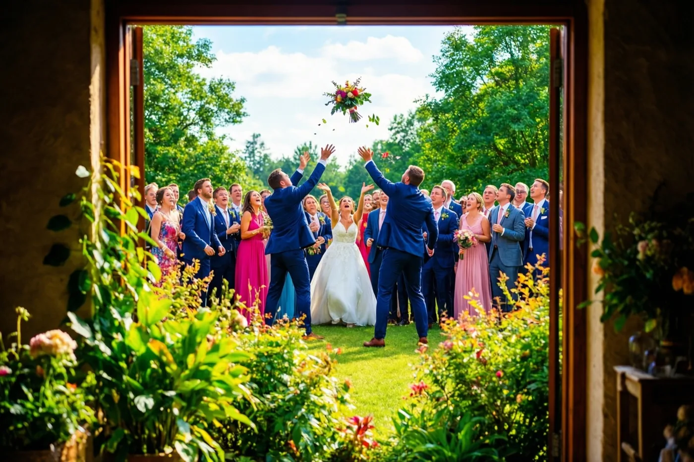 Door een open deuropening is te zien hoe een bruid en bruidegom buiten een bruidsboeket opgooien terwijl gasten ernaar reiken, op een zonnige dag met veel groen.