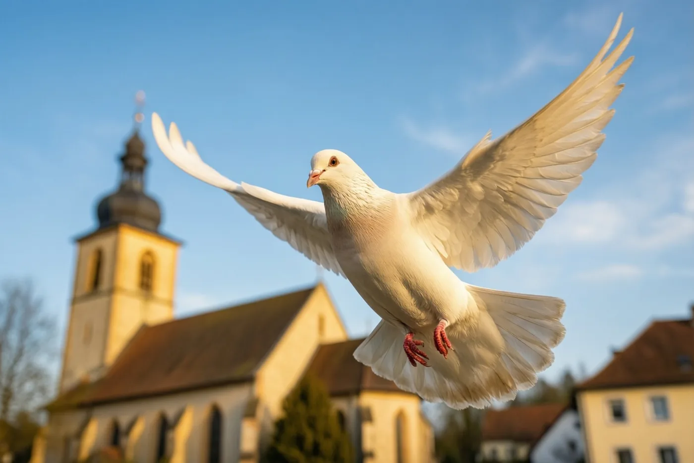 Een witte duif vliegt met gespreide vleugels tegen een heldere blauwe lucht, met een dorpskerk en klokkentoren in warm ochtendlicht op de achtergrond.