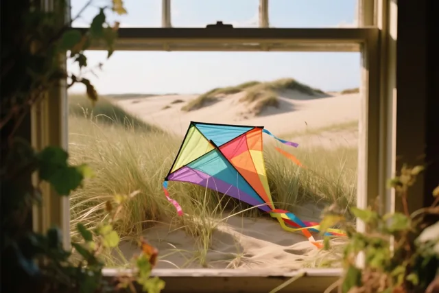 Door een raam met groen langs de randen is een kleurrijke papieren vlieger te zien in hoog gras op een zonnige zandduin.