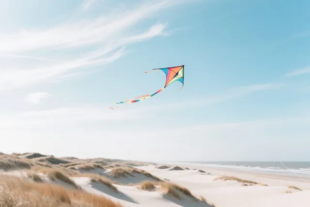 Een kleurrijke vlieger met een regenboogstaart vliegt boven zandduinen met droog gras, met de zee in de verte onder een blauwe hemel.