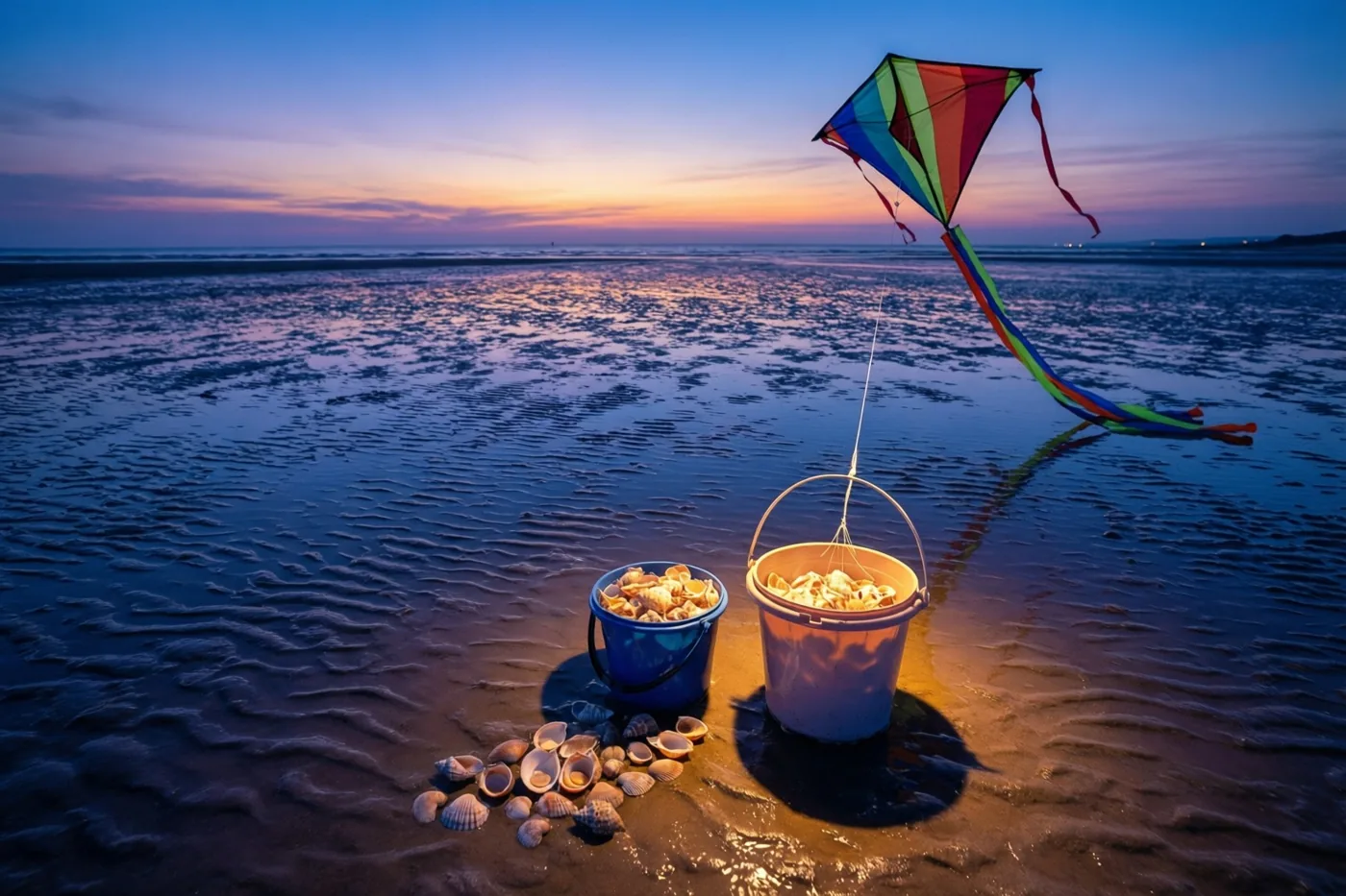 Een kleurrijke vlieger met lange linten is vastgemaakt aan een emmer vol schelpen op een breed, nat strand bij eb, onder een blauw-oranje lucht bij zonsondergang.