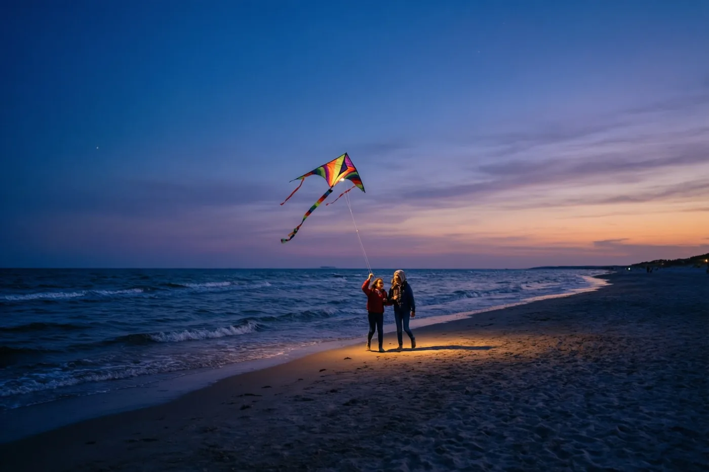 Twee mensen laten een kleurrijke vlieger op boven een breed strand bij aanrollende zeegolven, in blauw en oranje schemerlicht.