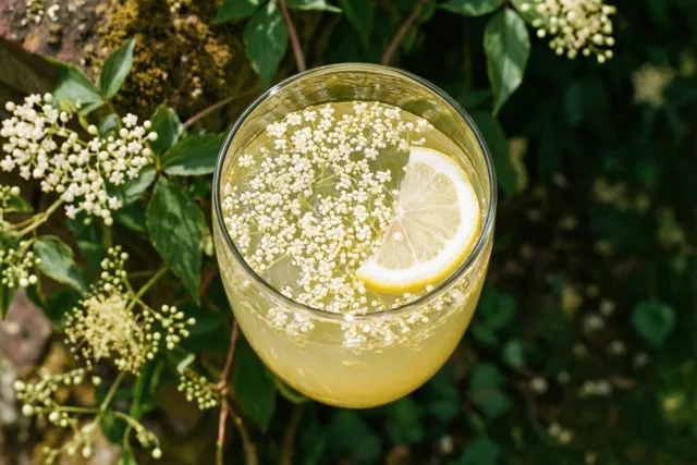 Een glas vlierbloesemlimonade met een citroenschijfje en drijvende vlierbloesems staat op een tuinmuur tussen groen en witte bloemen in fel zonlicht.