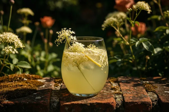 Een glas vlierbloesemlimonade met ijs en bloemen staat in fel zonlicht op een bemoste bakstenen tuinmuur, met wazige bloemen op de achtergrond.