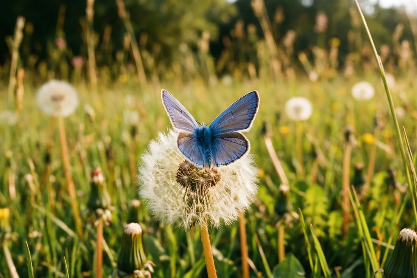 Een kleine blauwe vlinder rust op een witte paardenbloempluisbol in een weide, met groen gras en onscherpe paardenbloemen in warm, goudkleurig licht.