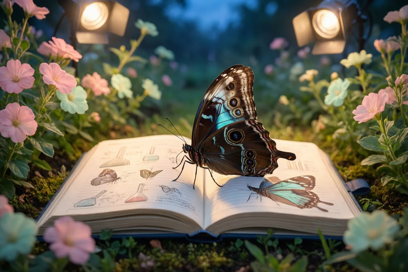 Een grote kleurrijke vlinder zit op een open schrift met vlinderillustraties in een tuin met roze en lichtblauwe bloemen, zacht verlicht door spots in de schemering.