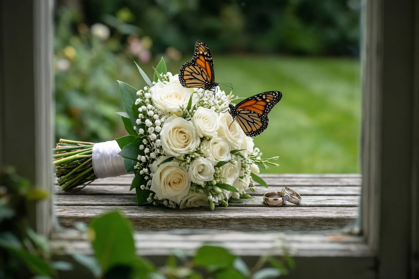 Door een raamkozijn is een wit bruidsboeket met twee monarchvlinders op een houten tuinbank te zien, naast twee trouwringen en voor een onscherpe groene tuin.