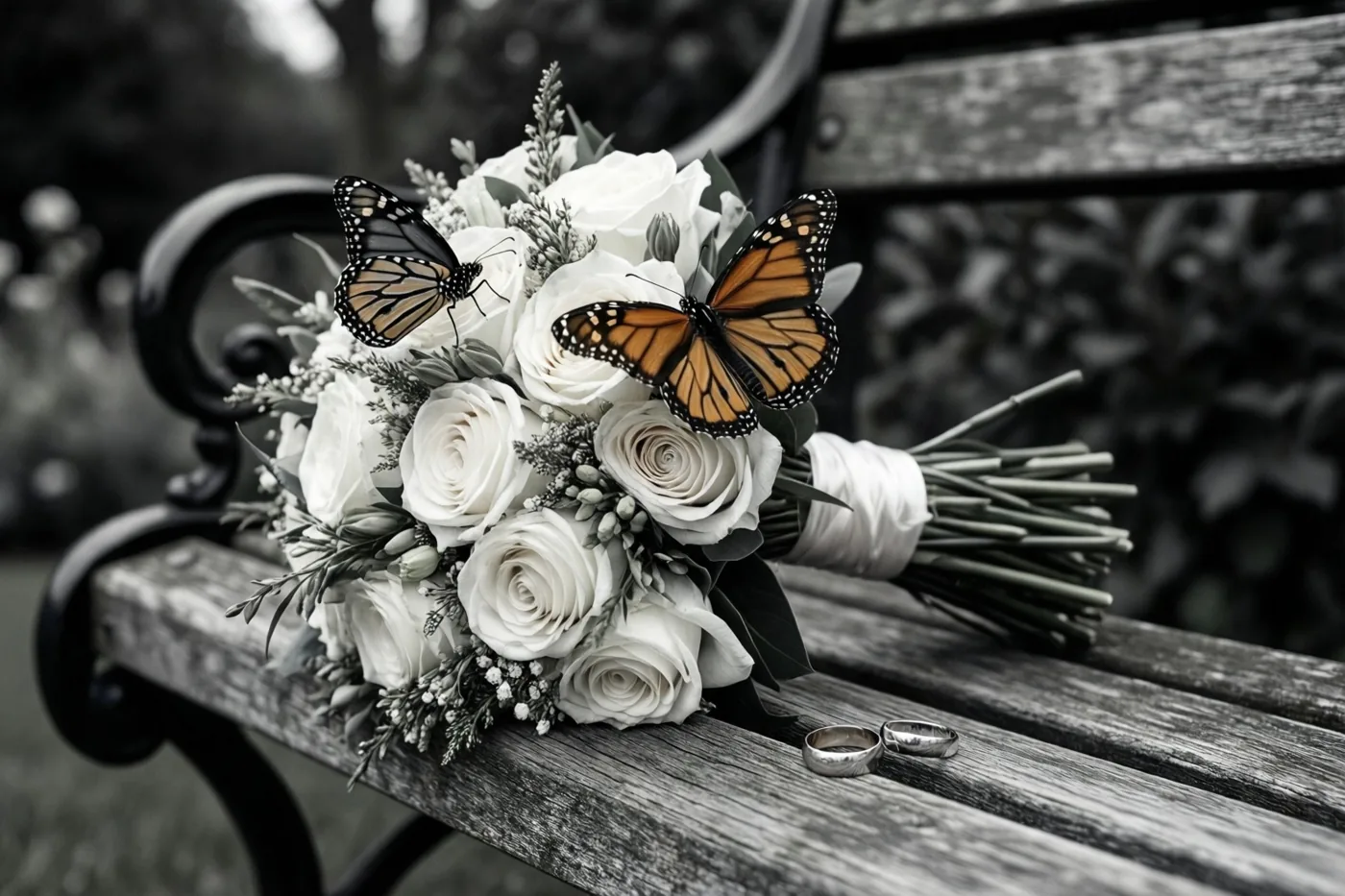 Een wit bruidsboeket met twee monarchvlinders ligt naast twee trouwringen op een verweerde houten tuinbank, waarbij boeket en vlinders in kleur afsteken tegen een zwart-witte achtergrond.