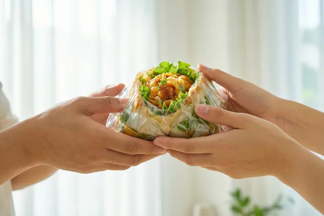 Twee paar handen geven een voedselpakket in doorzichtig plastic door, met groene sla en een goudbruine vulling tegen een lichte achtergrond met doorschijnende gordijnen.