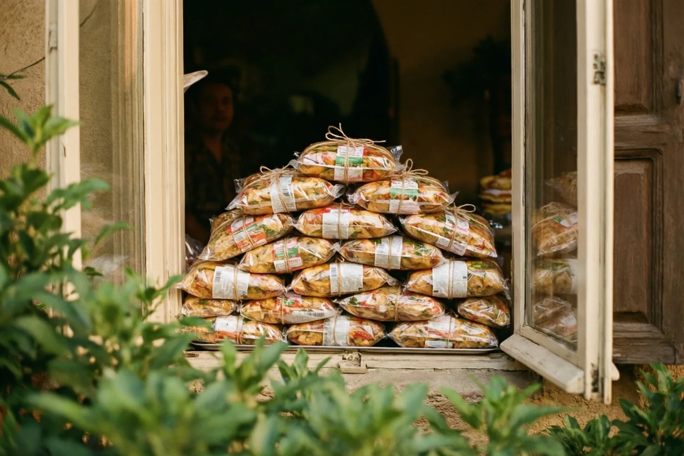 Voedselpakketjes in doorzichtige plastic verpakking met touw liggen als een piramide op een vensterbank, met groen op de voorgrond en een persoon in een donkere deuropening erachter.