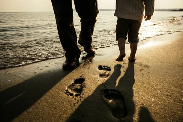 De onderlichamen van een volwassene en een kind zijn te zien terwijl ze naast elkaar over nat strand lopen en voetafdrukken achterlaten, met goudkleurig licht op het water.