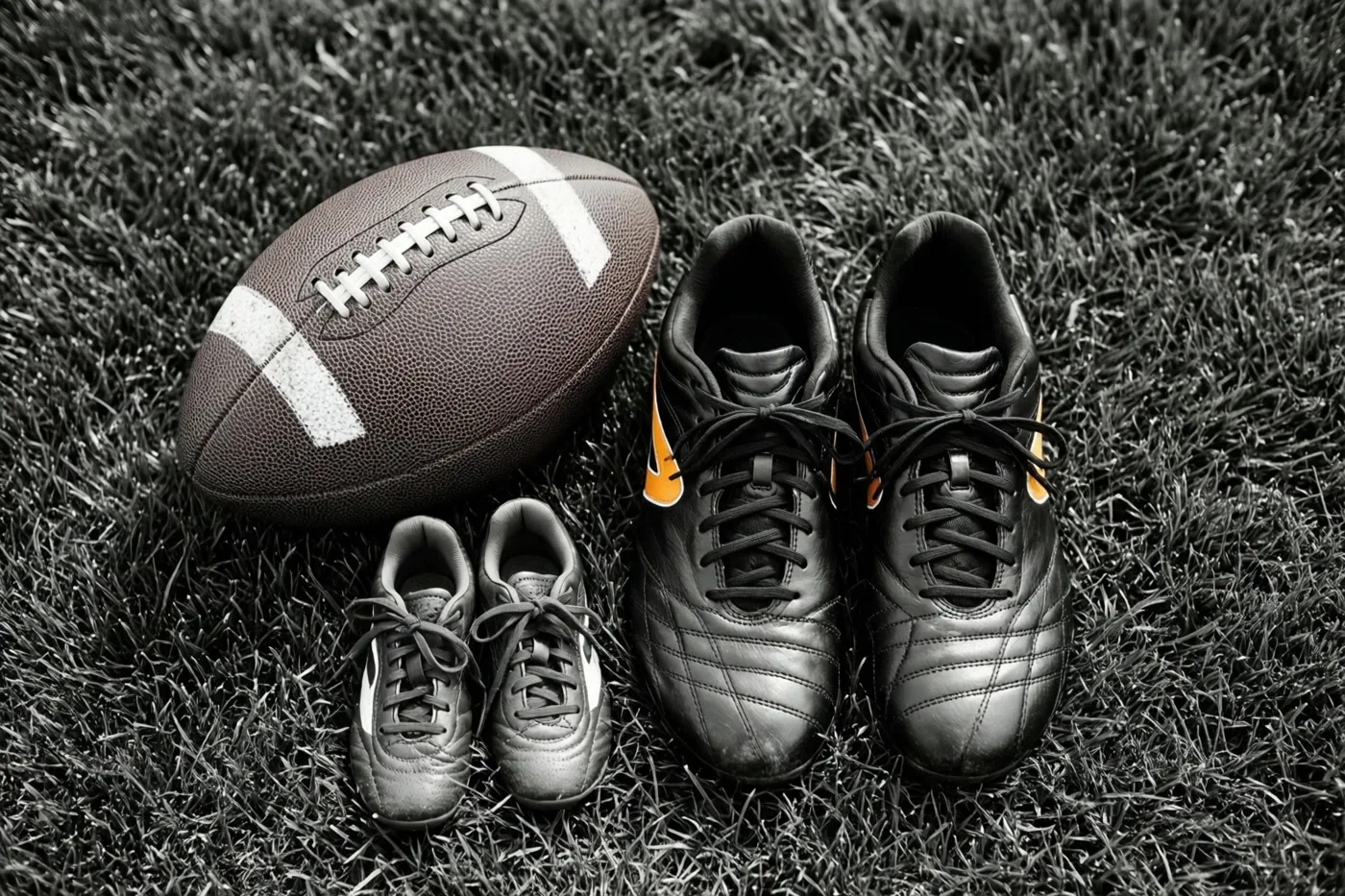 Een voetbal en twee paar voetbalschoenen liggen op het gras in een grotendeels zwart-witbeeld, met gekleurde logo's op de grotere schoenen.
