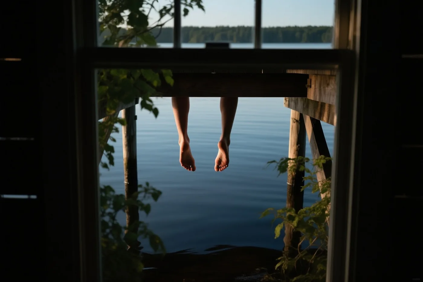 Door een raam met groen langs de randen zijn blote voeten te zien die vanaf een houten steiger boven een rustig meer hangen in warm zonlicht.