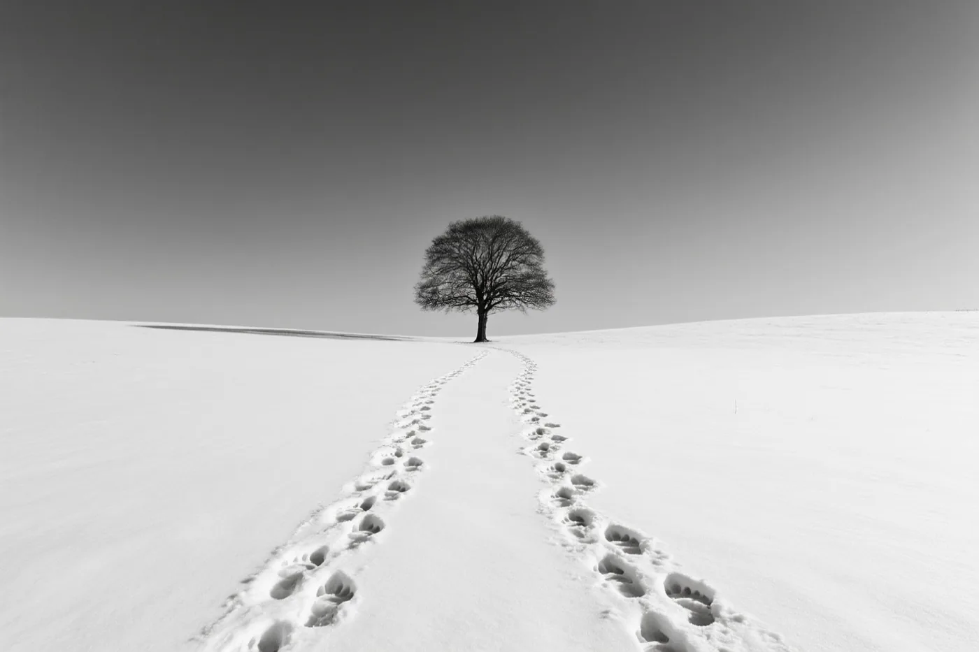 Een zwart-witfoto toont twee evenwijdige sporen van voetstappen in verse sneeuw die naar een enkele boom in een besneeuwde weide leiden.