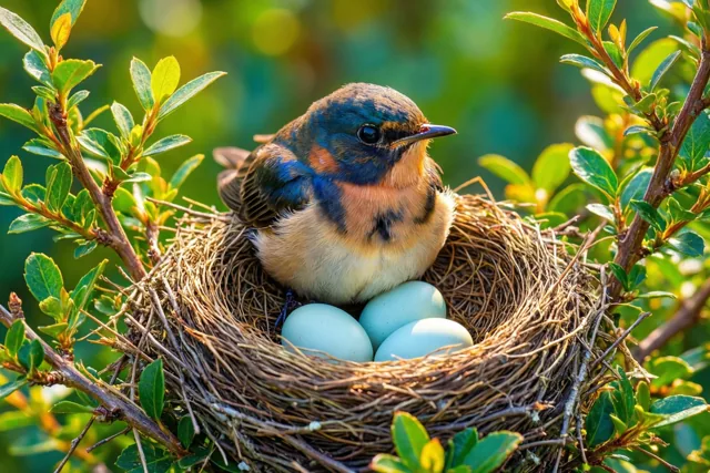 Een kleine vogel met blauwe en oranje veren zit in een gevlochten nest met drie lichtblauwe eieren tussen groene bladeren en takken in warm zonlicht.