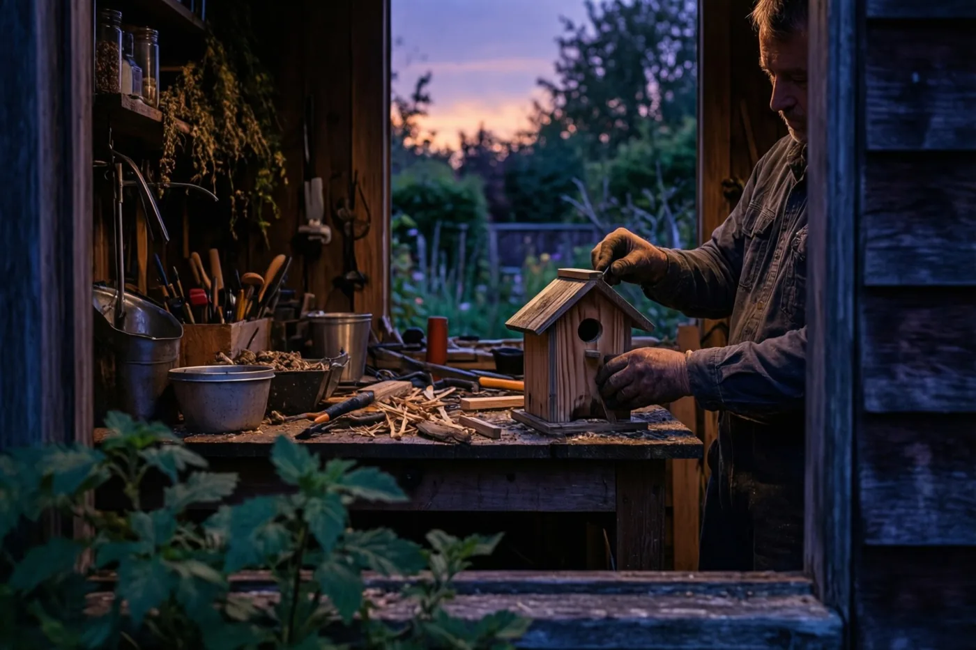 Een man met verweerde handen zet een houten vogelhuisje in elkaar op een volle werkbank in een tuinatelier, met groen en een paarse avondlucht zichtbaar door de open deur.