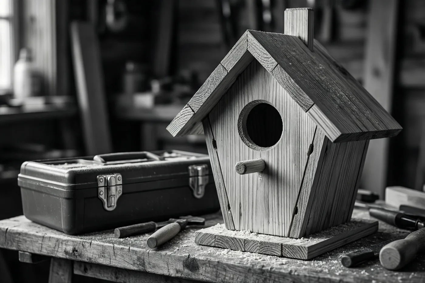 Een halfafgewerkt houten vogelhuisje met een ronde opening staat naast een gereedschapskist en gereedschap op een werkbank in een zwart-witbeeld.