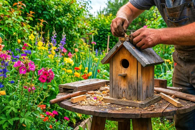 Iemand met verweerde handen zet een houten vogelhuisje in elkaar op een rustieke werkbank in een tuin met roze en gele bloemen.